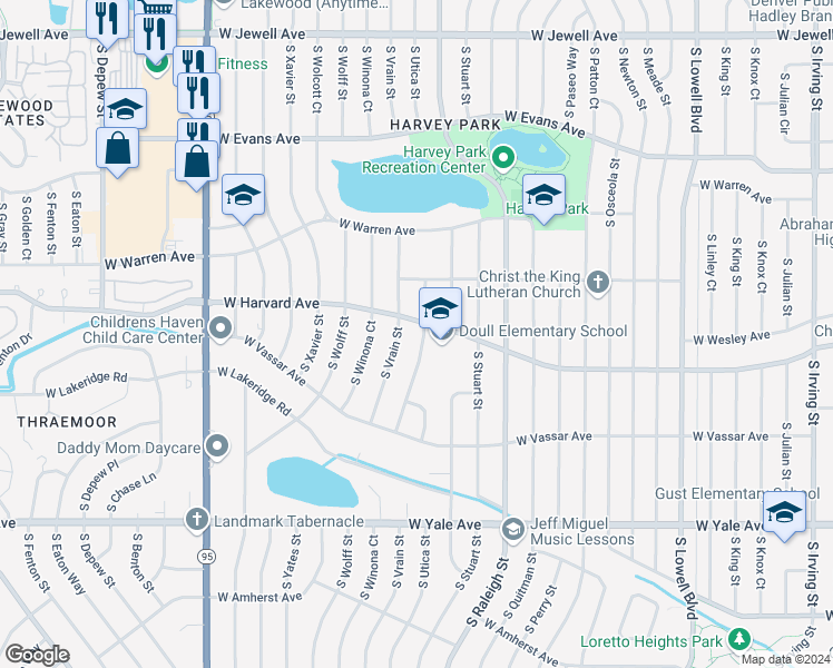 map of restaurants, bars, coffee shops, grocery stores, and more near 2515 South Utica Street in Denver