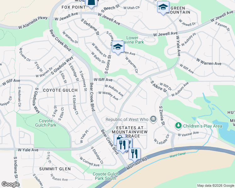 map of restaurants, bars, coffee shops, grocery stores, and more near 13438 West Auburn Avenue in Lakewood
