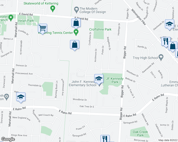 map of restaurants, bars, coffee shops, grocery stores, and more near 4758 Croftshire Drive in Dayton