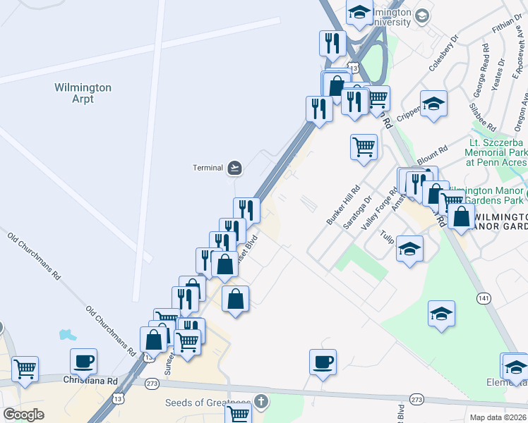 map of restaurants, bars, coffee shops, grocery stores, and more near 154 North Dupont Highway in New Castle