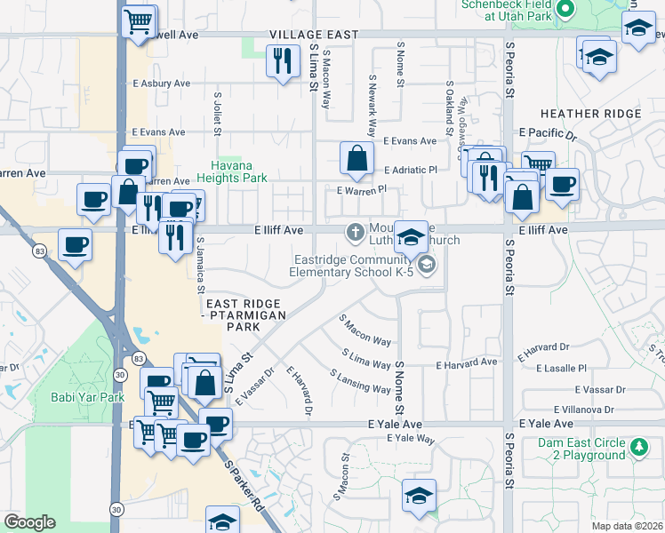 map of restaurants, bars, coffee shops, grocery stores, and more near 11354 E Wesley Ave in Aurora
