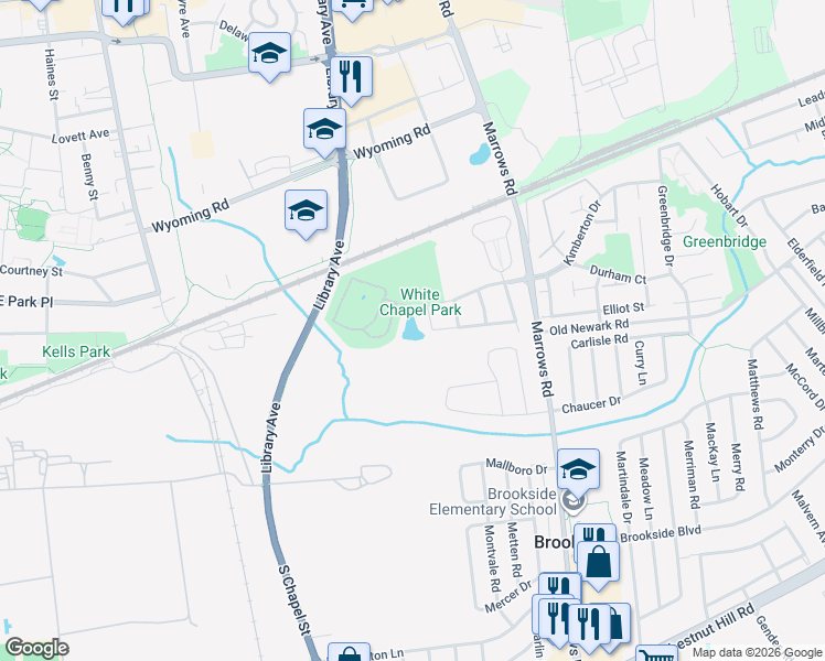 map of restaurants, bars, coffee shops, grocery stores, and more near 301 Whitechapel Drive in Newark