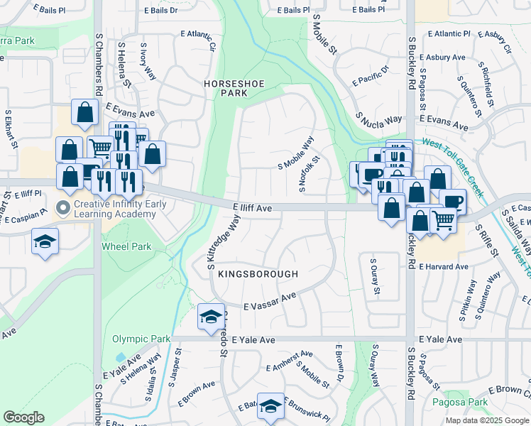 map of restaurants, bars, coffee shops, grocery stores, and more near 16101 East Wesley Avenue in Aurora
