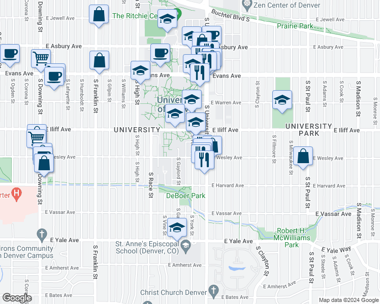 map of restaurants, bars, coffee shops, grocery stores, and more near 2369 South York Street in Denver