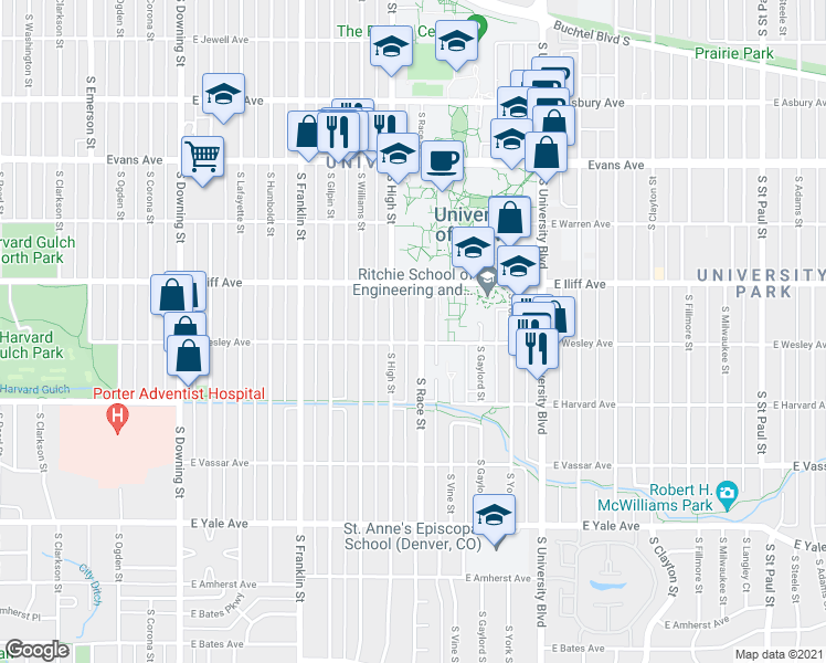 map of restaurants, bars, coffee shops, grocery stores, and more near 2375 South Race Street in Denver