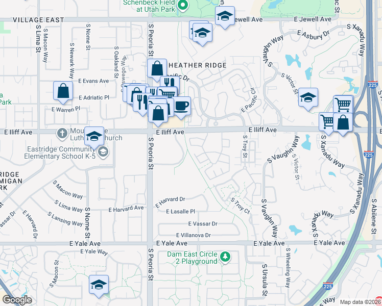 map of restaurants, bars, coffee shops, grocery stores, and more near 2369 South Racine Way in Aurora