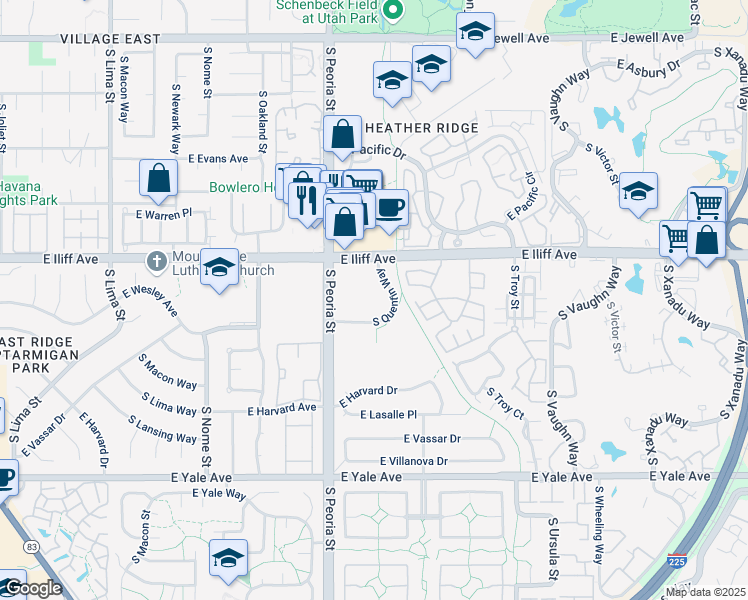 map of restaurants, bars, coffee shops, grocery stores, and more near 12250 East Iliff Avenue in Aurora