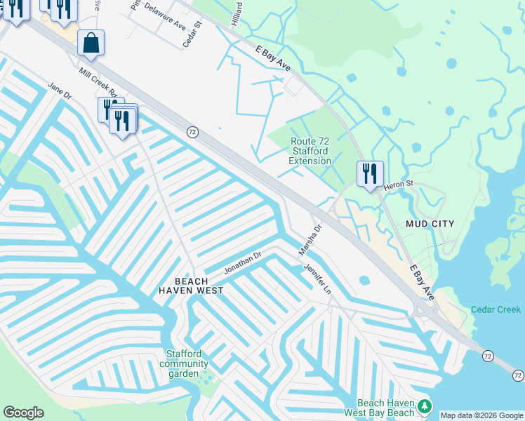 map of restaurants, bars, coffee shops, grocery stores, and more near 116 Mary Alice Rd in Stafford Township