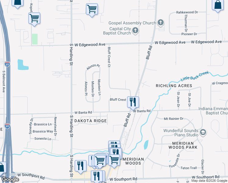 map of restaurants, bars, coffee shops, grocery stores, and more near 1209 Bluff Crest Drive in Indianapolis