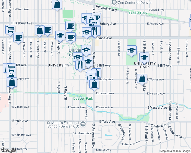 map of restaurants, bars, coffee shops, grocery stores, and more near 2374 South University Boulevard in Denver