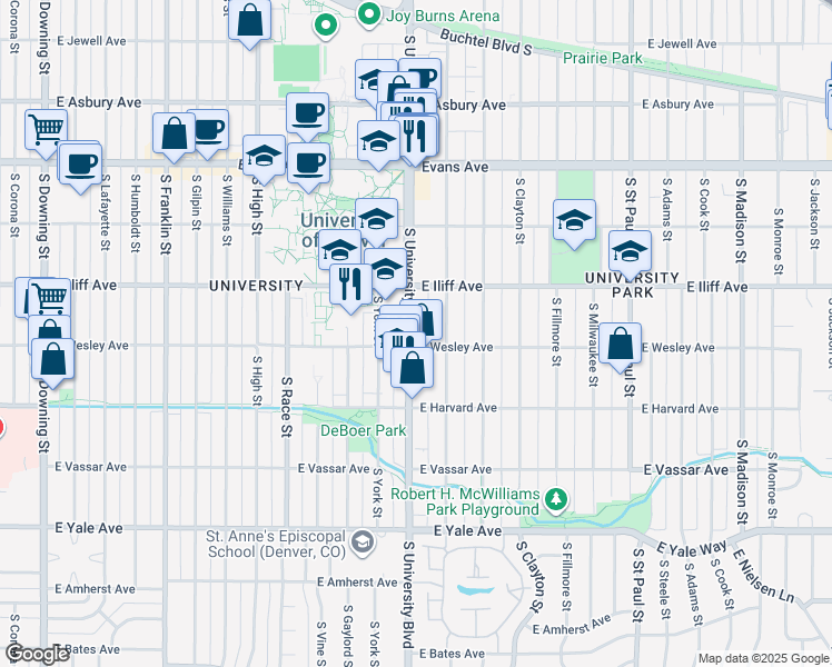 map of restaurants, bars, coffee shops, grocery stores, and more near 2374 South University Boulevard in Denver