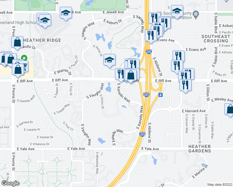 map of restaurants, bars, coffee shops, grocery stores, and more near 2397 South Xanadu Way in Aurora
