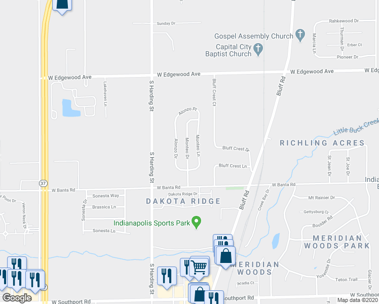 map of restaurants, bars, coffee shops, grocery stores, and more near 6327 Monteo Drive in Indianapolis