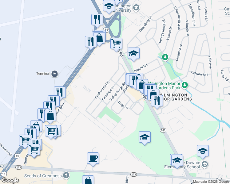 map of restaurants, bars, coffee shops, grocery stores, and more near 42 Valley Forge Road in New Castle