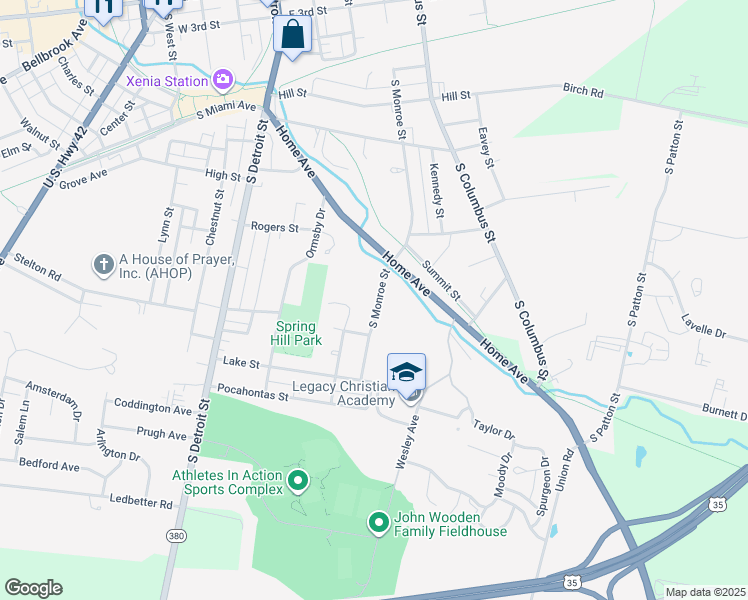 map of restaurants, bars, coffee shops, grocery stores, and more near 900 South Monroe Street in Xenia