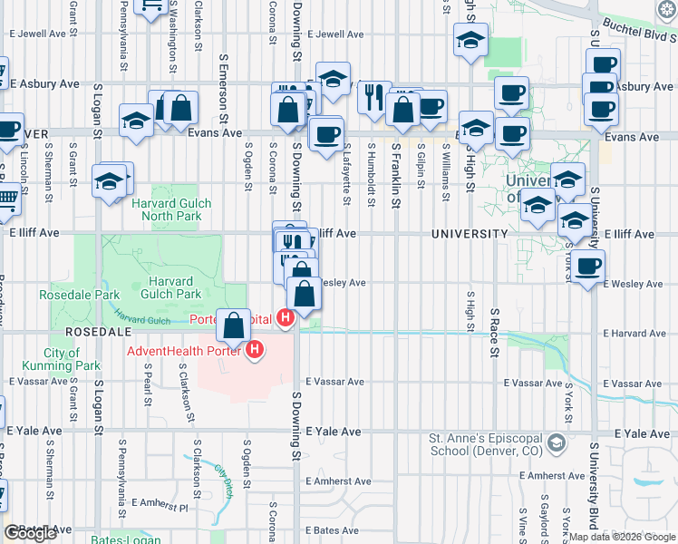 map of restaurants, bars, coffee shops, grocery stores, and more near 2379 South Lafayette Street in Denver