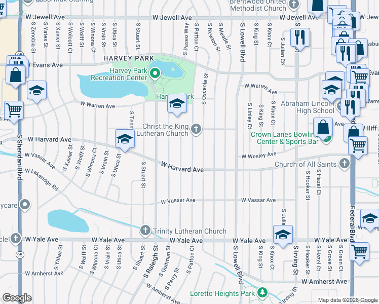 map of restaurants, bars, coffee shops, grocery stores, and more near 2417 South Patton Court in Denver