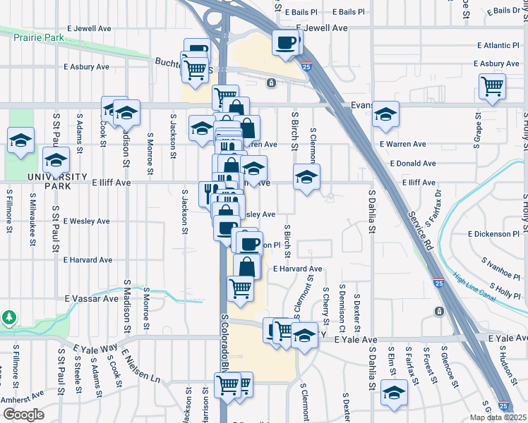 map of restaurants, bars, coffee shops, grocery stores, and more near 2396 South Ash Street in Denver