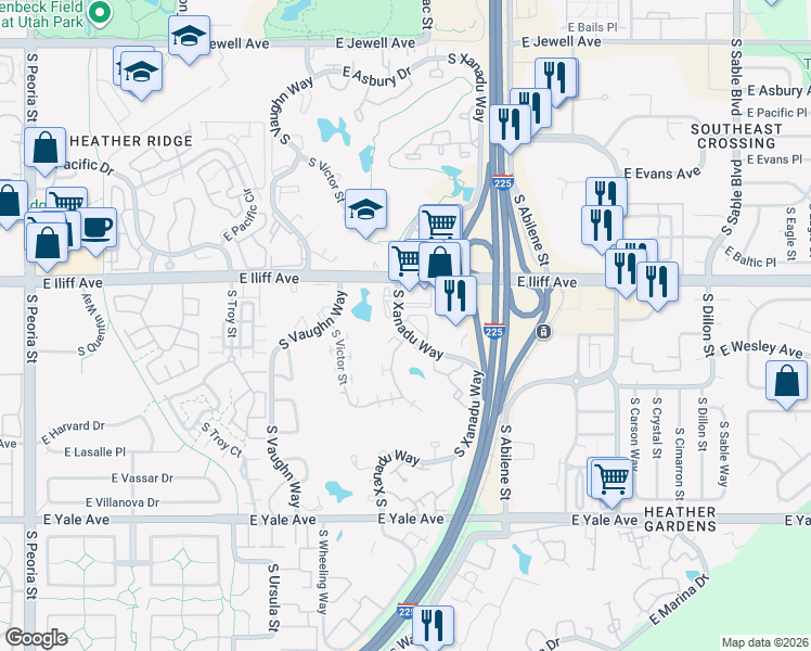 map of restaurants, bars, coffee shops, grocery stores, and more near 2358 South Wheeling Circle in Aurora