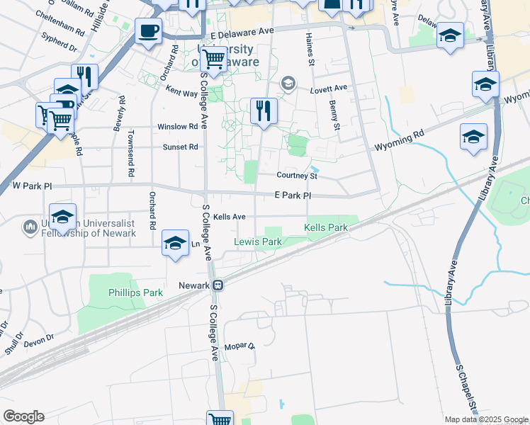 map of restaurants, bars, coffee shops, grocery stores, and more near 78 Kells Avenue in Newark