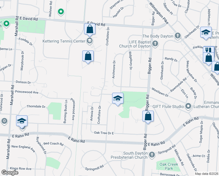 map of restaurants, bars, coffee shops, grocery stores, and more near 4758 Croftshire Drive in Dayton