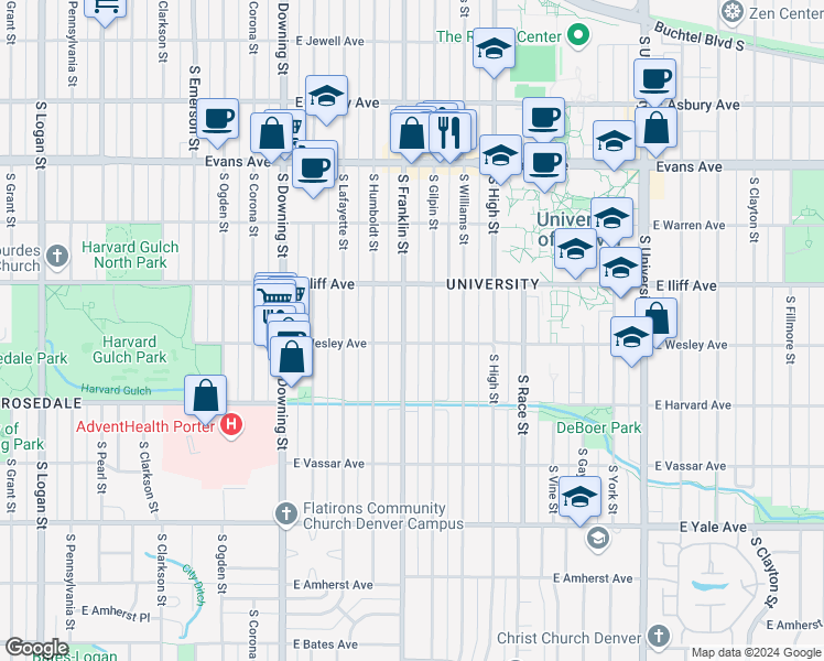 map of restaurants, bars, coffee shops, grocery stores, and more near 2370 South Franklin Street in Denver