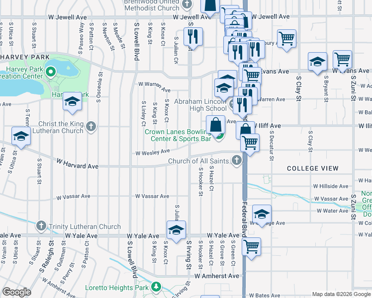 map of restaurants, bars, coffee shops, grocery stores, and more near 2405 South Irving Street in Denver