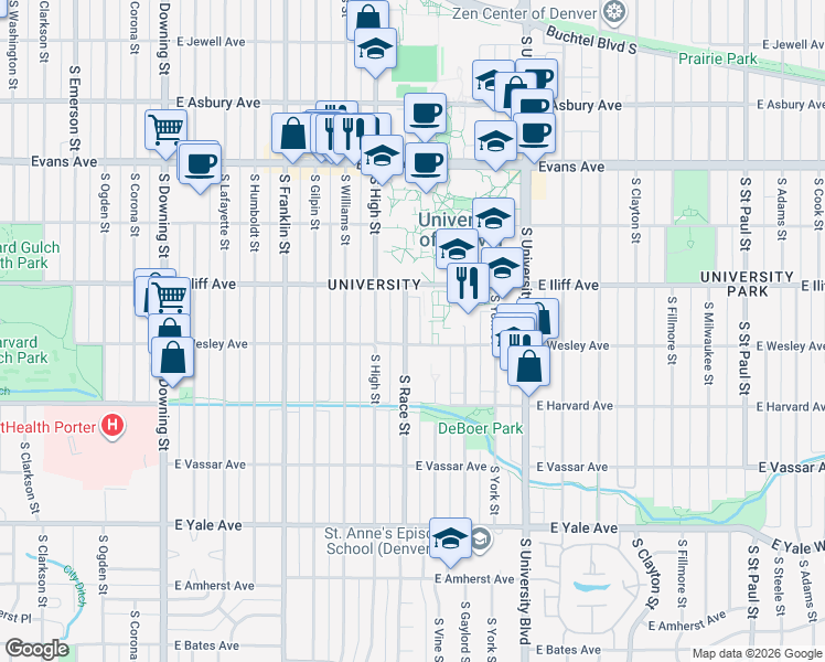 map of restaurants, bars, coffee shops, grocery stores, and more near 2375 South Race Street in Denver