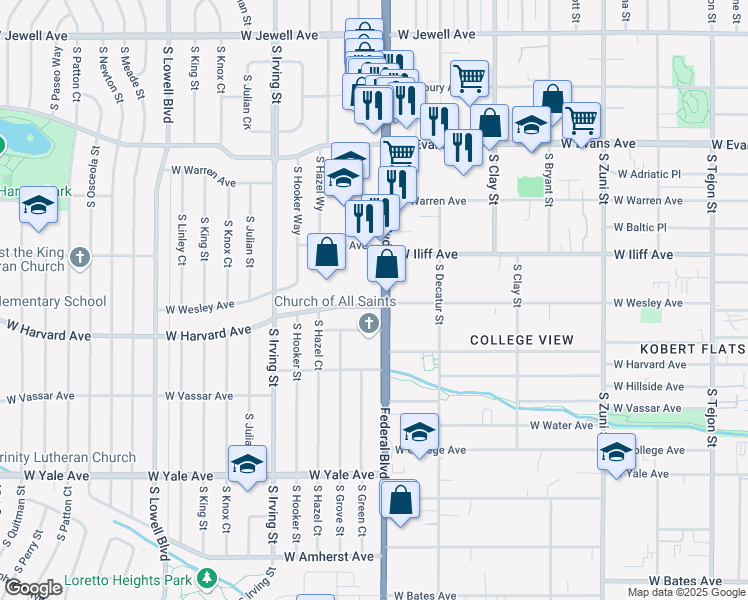 map of restaurants, bars, coffee shops, grocery stores, and more near 3025 West Harvard Avenue in Denver