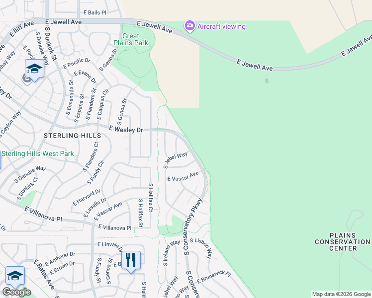 map of restaurants, bars, coffee shops, grocery stores, and more near 2429 S Jebel Way in Aurora