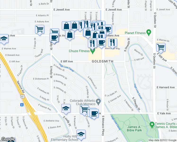 map of restaurants, bars, coffee shops, grocery stores, and more near 2375 South Linden Court in Denver