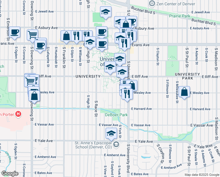 map of restaurants, bars, coffee shops, grocery stores, and more near 2101 East Wesley Avenue in Denver