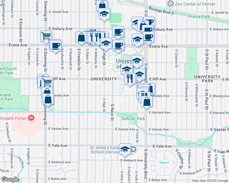 map of restaurants, bars, coffee shops, grocery stores, and more near 2375 South Race Street in Denver