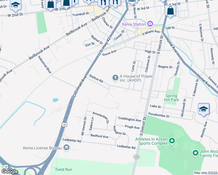 map of restaurants, bars, coffee shops, grocery stores, and more near 313 Stelton Road in Xenia