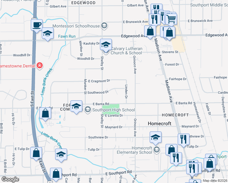 map of restaurants, bars, coffee shops, grocery stores, and more near 1141 Wood Court in Indianapolis