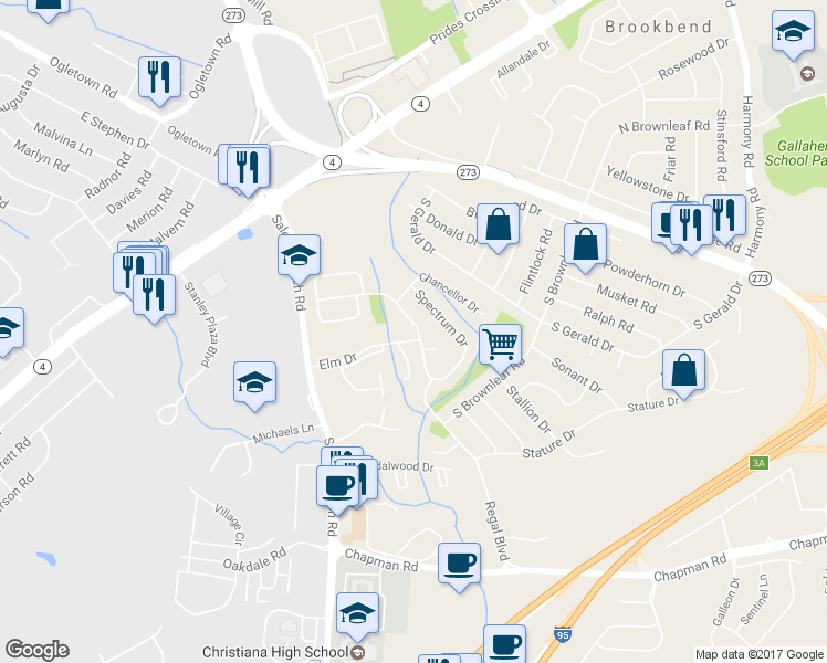 map of restaurants, bars, coffee shops, grocery stores, and more near 2 Elm Drive in Newark