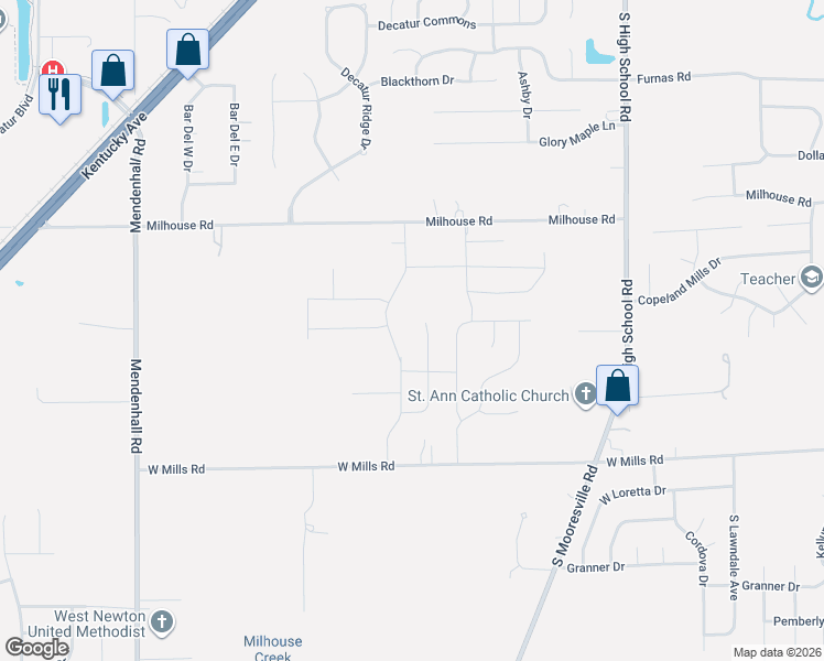 map of restaurants, bars, coffee shops, grocery stores, and more near 6501 Milhouse Road in Indianapolis
