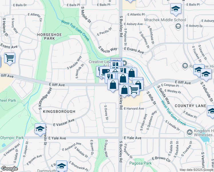 map of restaurants, bars, coffee shops, grocery stores, and more near 16766 East Iliff Avenue in Aurora