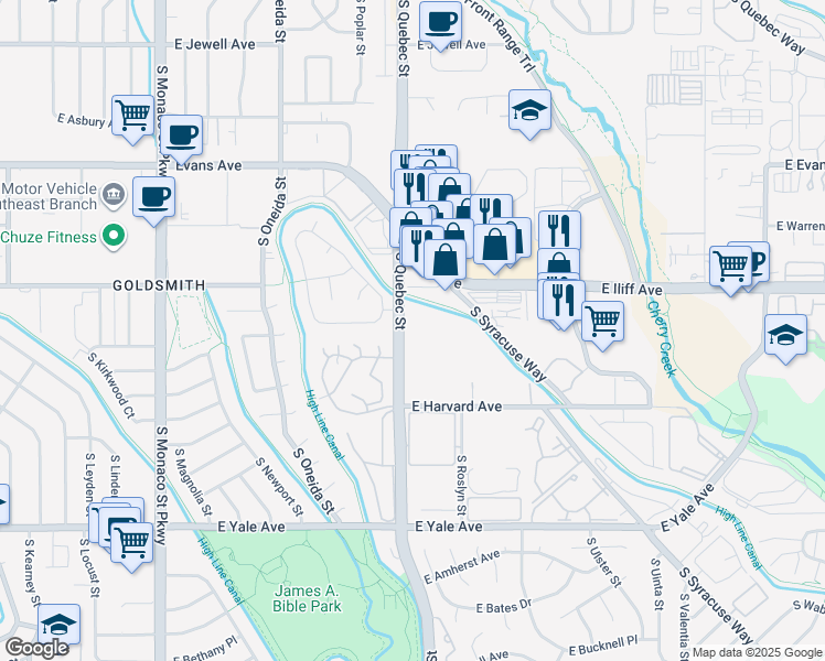 map of restaurants, bars, coffee shops, grocery stores, and more near 2350 South Quebec Street in Denver