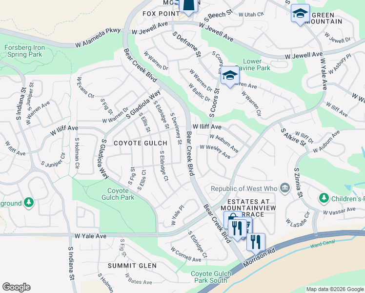 map of restaurants, bars, coffee shops, grocery stores, and more near 2345 South Devinney Street in Lakewood
