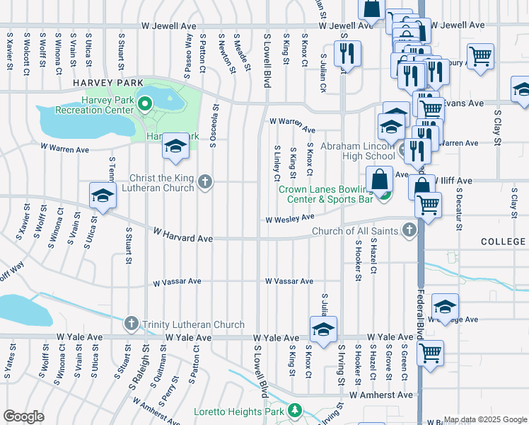 map of restaurants, bars, coffee shops, grocery stores, and more near 2390 South Lowell Boulevard in Denver