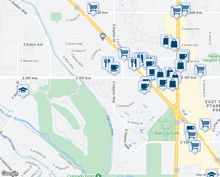 map of restaurants, bars, coffee shops, grocery stores, and more near 345 Windstream in Denver