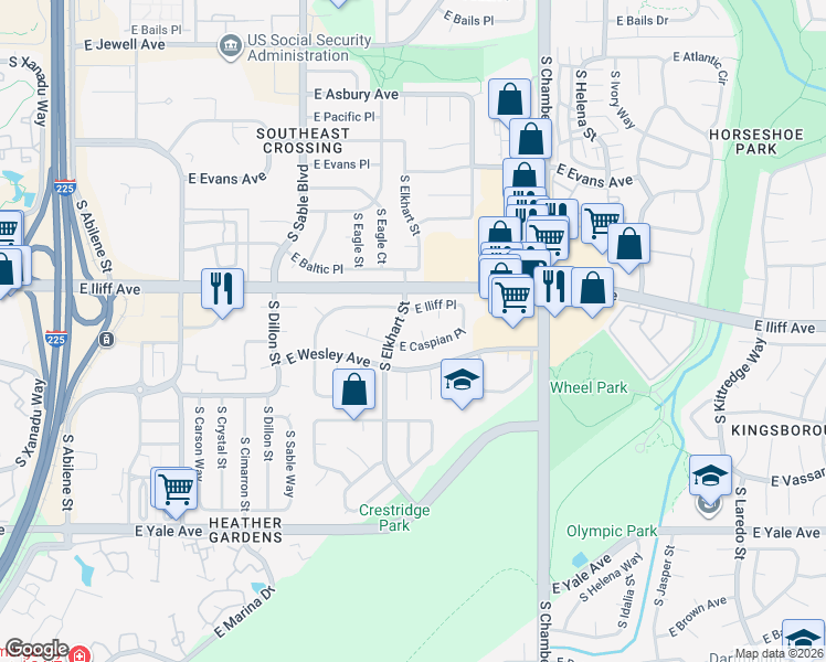 map of restaurants, bars, coffee shops, grocery stores, and more near 14855 East Caspian Place in Aurora