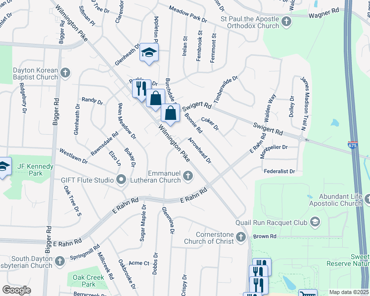 map of restaurants, bars, coffee shops, grocery stores, and more near 4820 Wilmington Pike in Dayton