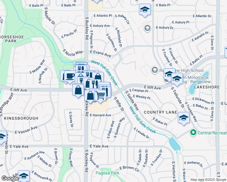 map of restaurants, bars, coffee shops, grocery stores, and more near 17191 Baltic Drive in Aurora