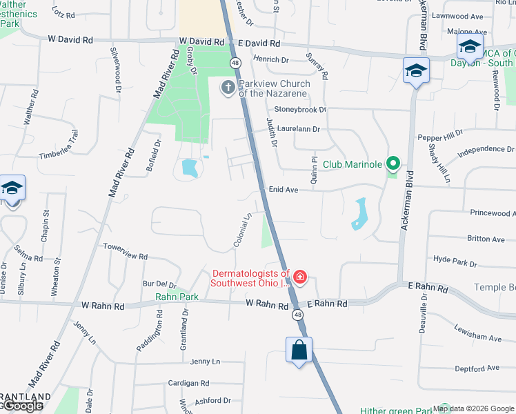 map of restaurants, bars, coffee shops, grocery stores, and more near 5039 Far Hills Avenue in Dayton