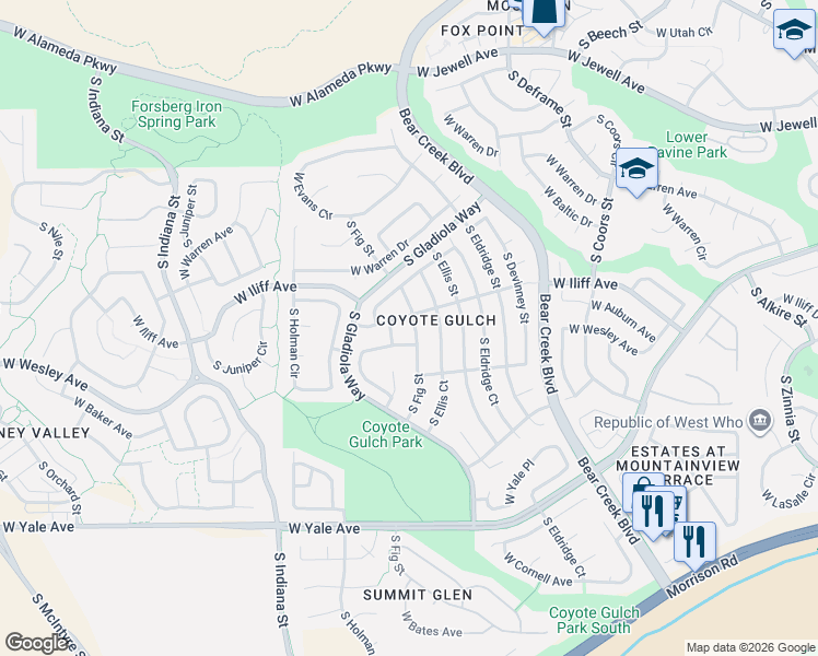 map of restaurants, bars, coffee shops, grocery stores, and more near 2321 South Fig Street in Lakewood