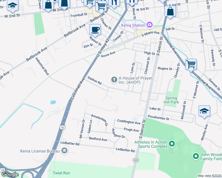 map of restaurants, bars, coffee shops, grocery stores, and more near 313 Stelton Road in Xenia