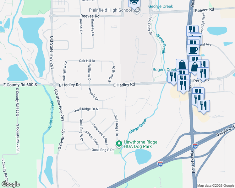 map of restaurants, bars, coffee shops, grocery stores, and more near 1384 Angela Court in Plainfield