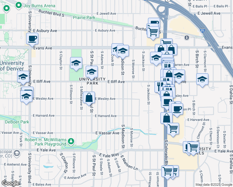 map of restaurants, bars, coffee shops, grocery stores, and more near 2370 South Cook Street in Denver
